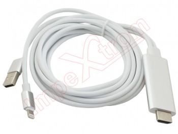White and silver OT-7522C adapter cable with lightning, USB and HDMI connectors for devices iPhone and iPad.