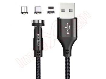 Cable de datos negro 3 en 1 de USB a conector magnético intercambiable USB tipo C / Micro USB / lightning, con rotación 540º