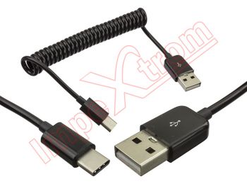 Cable de datos negro micro USB tipo C en espiral.