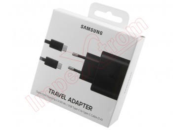 Cargador de viaje negro con carga super rápida 2.0 (45W) Samsung EP-TA845 con cable USB tipo C a USB tipo C (5A), en blister