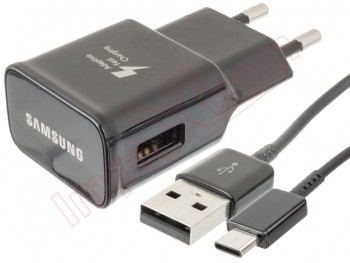 Black Samsung EP-TA20EBE charger for dispositives with USB type C cable- Input: 100-240V 50/60Hz 0.50A Output: 5.0V 2A, in blister