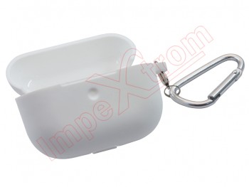 White silicone case with carabiner for AirPods Pro, in blister