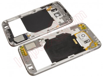 Carcasa central plateada con lente de cámara blanca para Samsung Galaxy S6, G920