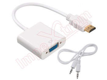 White HDMI to VGA female adapter, with 3.5mm jack audio input and cable